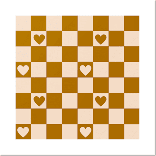 Checkerboard Brown Hearts Half Retro Posters and Art